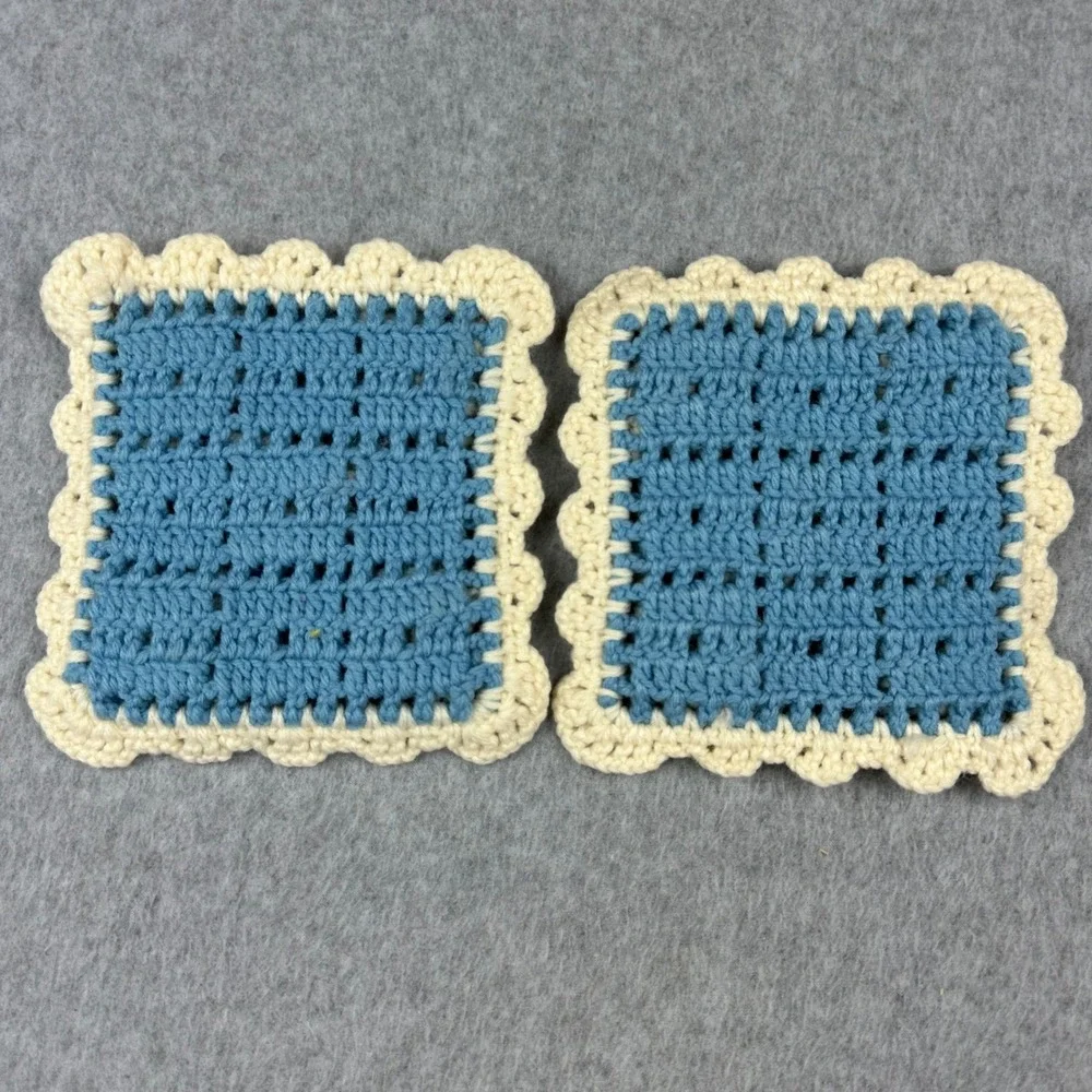 Vtg Handmade Crochet Coasters Set of 2 Blue Cream Floral Square Scalloped Boho